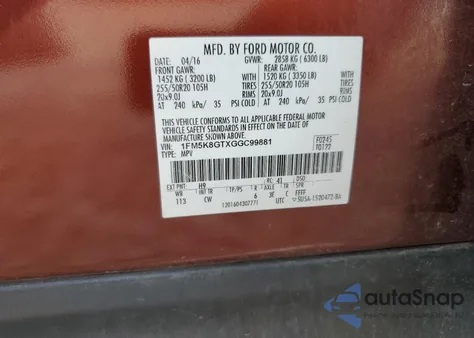 2016 Ford Explorer Sport from USA, damaged, VIN 1FM5K8GTXGGC99881